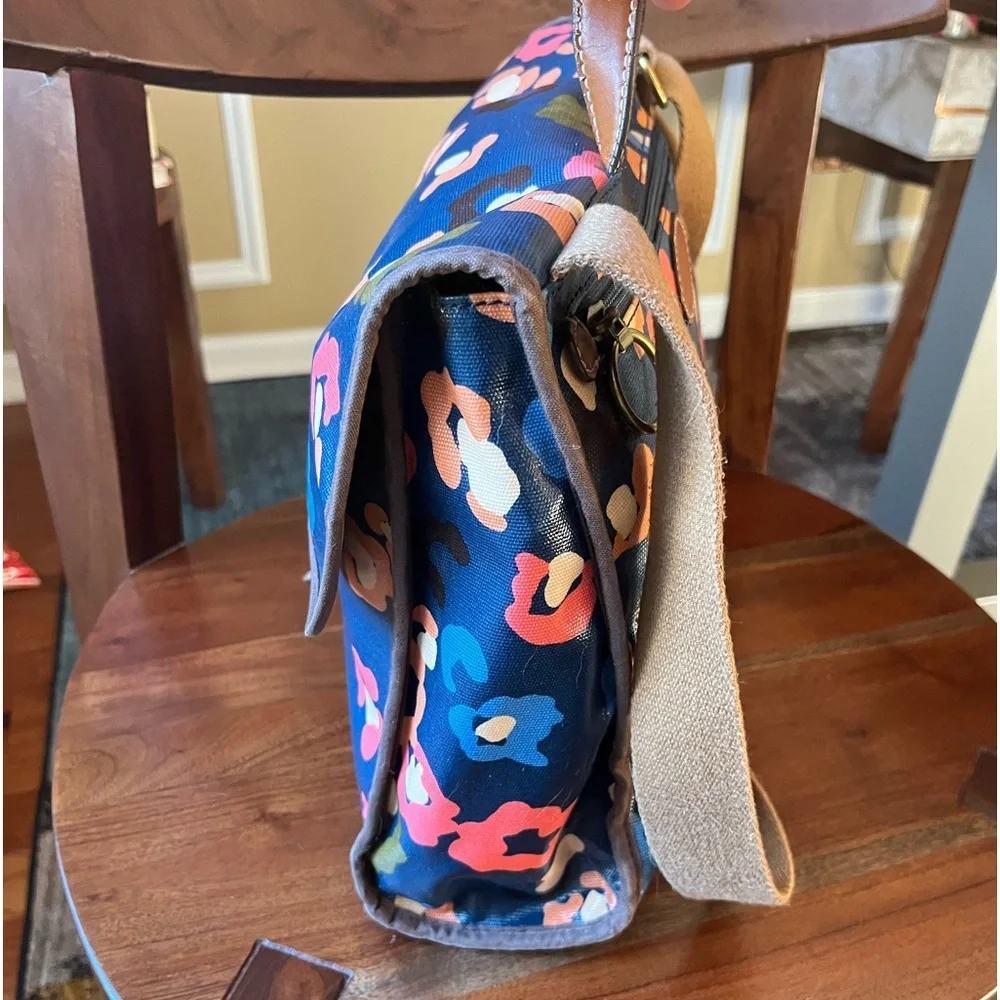 Fossil Navy Blue Floral Print Coated Canvas Crossbody Laptop Tote Bag